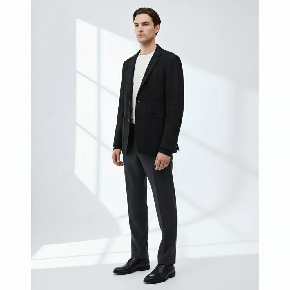 Vince Wool Blend Plaid Blazer with Elastic Cuff Black Men 42
